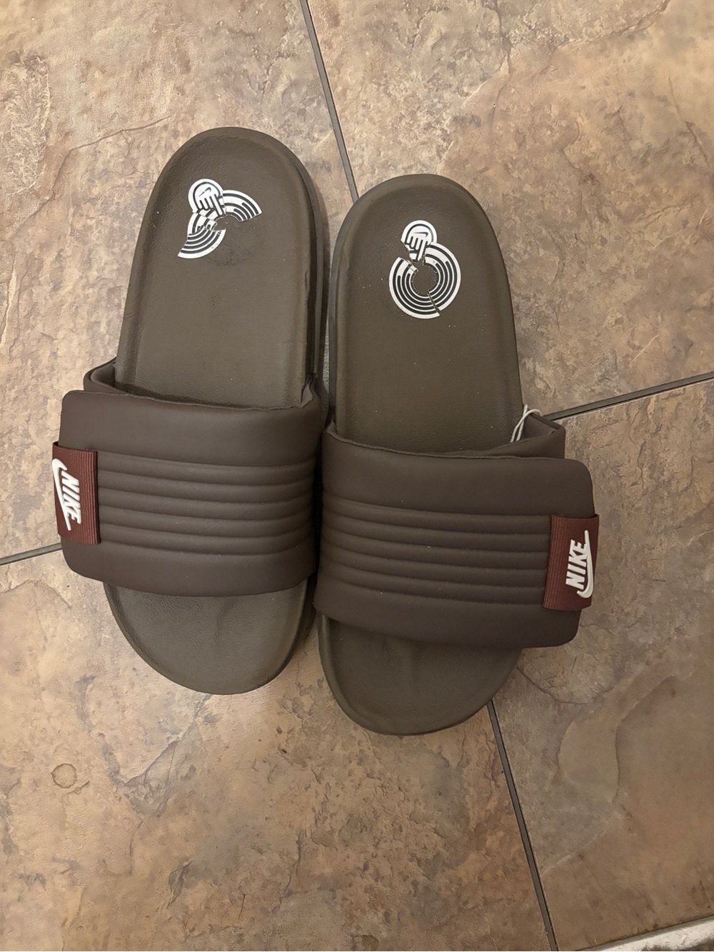Nike Brown Slide Sandals with White Logo